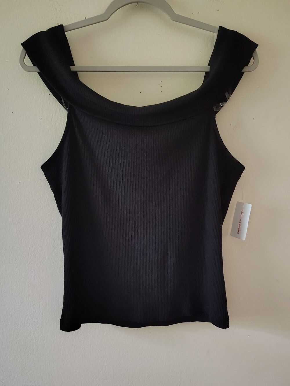 Lucky Brand Black Ribbed Off The Shoulder Tank XL NWT Y2K Classic Minimalist